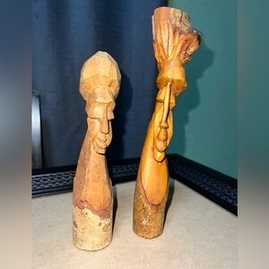 Vintage Signed Handcrafted Carved Wooden Sculptures - Brown
